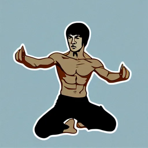 Image similar to bruce lee meditating on the beach, muscles, sticker, colorful, illustration, highly detailed, simple, smooth and clean vector curves, no jagged lines, vector art, smooth