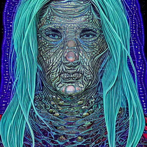 Image similar to dark underwater portrait of one Bioluminescent old woman, with cracked reaction diffusion semi-transparent skin. multicolored fish scales, face closeup. long dark hair. realistic. with many jellyfishes. intricate, very detailed, illustration, by alex grey and Moebius