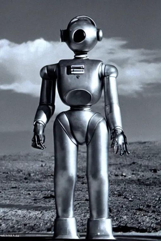 Image similar to the day the earth stood still 1 9 5 1 silver gort robot holding a black rifle gun, art work, uhd, sharp, detailed, cinematic 4 k