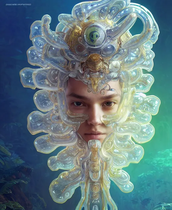 Image similar to intricate ornate opulent transparent clear see - through portrait of a beautiful male gundam alien sea slug, mottled coloring, adorable, childlike, overgrown jungle environment, ultra realistic, concept art, art nouveau, photorealistic, octane render, 8 k, unreal engine. art by christopher marley and artgerm and greg rutkowski and alphonse mucha