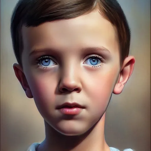 Image similar to Beautiful hyperrealistic detailed matte portrait painting of Millie Bobby Brown kid with short straight hair by andreas rocha and john howe and Martin Johnson