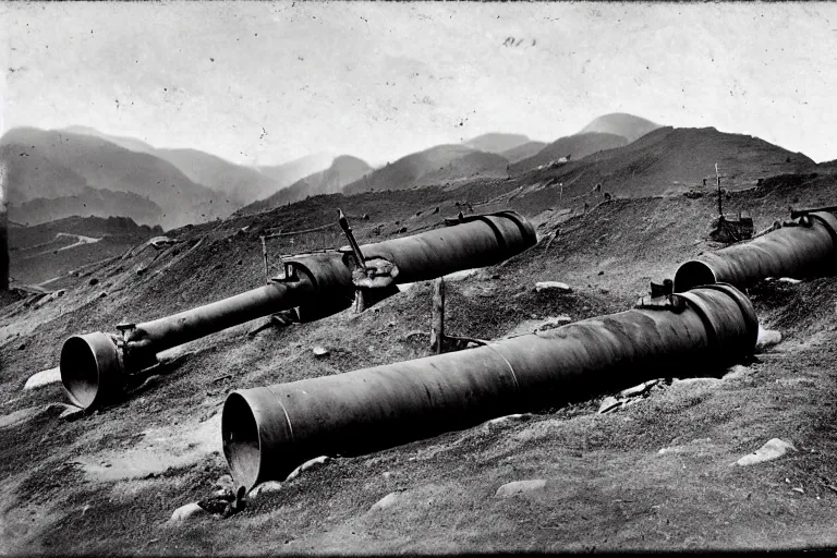 Image similar to ww 1 artillery pieces entrenched with a beautiful background of hills and mountains, black and white photography, 1 9 0 5