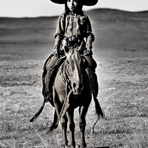 Prompt: indigenous girl on horseback with rifle. western / sepia / rustic / cow skull / cinematic - n 8