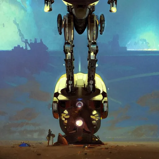Image similar to movie poster of a scifi mech robot is on a beach, at dusk, art by greg rutkowski and alphonse mucha. golden ratio, rule of thirds, colorful, highly detailed, trending on artstation, 4 k, epic, cinematic lightning