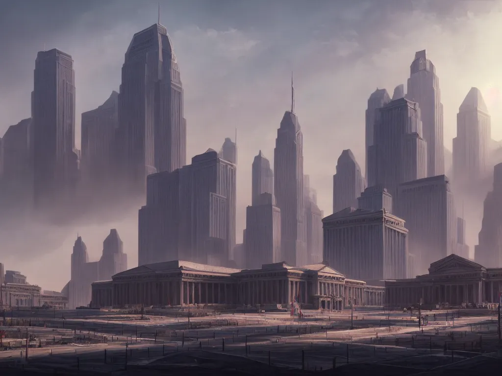 Image similar to landscape matte painting by fan wennan. communist american future capitol shining in the sun after the triumph of socialism in america, highly detailed, artstation, 8 k, photorealistic, hyperrealism, grounded rectangular governmental architecture, imposing, strength, abundance, america 2 0 9 8