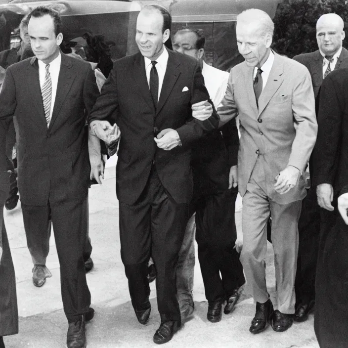 Image similar to Joe Biden walking with Lee Harvey Oswald as walmart