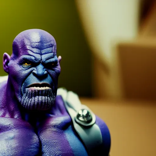 Prompt: a cinematic film still of a claymation stop motion film starring thanos, shallow depth of field, 8 0 mm, f 1. 8