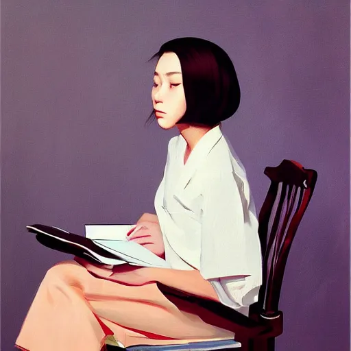 Prompt: oil painting by ilya kuvshinov, rhads, coby whitmore, of a youthful japanese beauty, long hair, sitting on antique chair leaning against a desk, victorian room