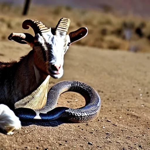 Prompt: snake mixed with a goat, scaly goat, goat with a snake tail, capricorn snake