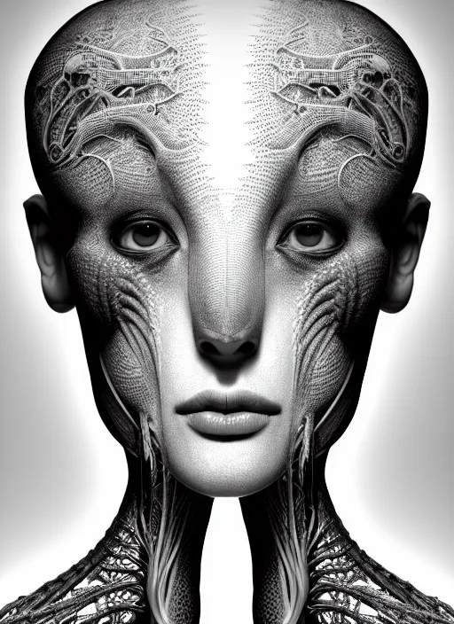 Image similar to a black and white 3D render of a beautiful portrait of a young female angelic-dragon-cyborg face with a very long neck, 150 mm, orchids, Mandelbrot fractal, anatomical, flesh, facial muscles, veins, arteries, full frame, microscopic, elegant, highly detailed, flesh ornate, elegant, high fashion, rim light, ray trace, octane render in the style of H.R. Giger and Man Ray, Realistic, Refined, Digital Art, Highly Detailed, Cinematic Lighting, rim light, black and white, photo-realistic Unreal Engine, 8K