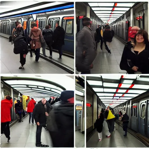 Prompt: people of rer b, subway, vivid atmosphere, happy mood