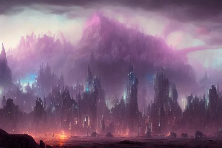 Prompt: detailed landscape painting of a misty antic city on an alien world at dusk, giant purple quartz like crystal engraved with runes, dawn aurora, scifi, cinematic lights, vivid lighting. clouds and stars. fantasy. by greg rutkowski and jonas de ro. intricate artwork, dramatic, artstation, 8 k