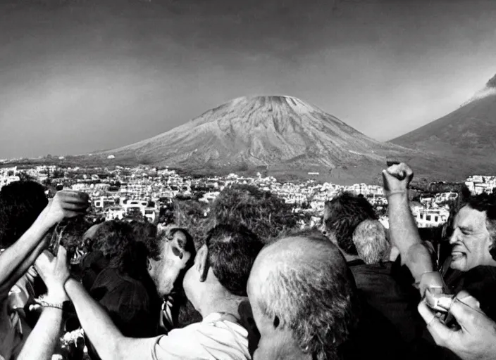 Image similar to old photo of average greeks drink wine and have fun against the backdrop of mount vesuvius starting to erupt by sebastian salgado, fisheye 1 6 mm, diffused backlight