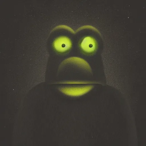 Image similar to photorealistic portrait of dark angry muppet in night, dark forest background