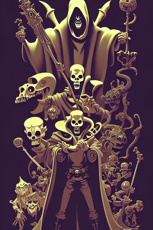 Prompt: video game cover, disney grim reaper dressed with a cape surrounded by monsters and demons, intricate baroque style. by mike mignola, by goro fujita, by octavio ocampo, masterpiece. intricate artwork, very coherent symmetrical artwork, cinematic, pixar studio, smooth gradients, high contrast. full body character, clean ink detailed line drawing