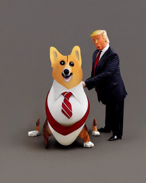 Image similar to hyperreal derailed maquette of a corgi dog as donald trump, donald trump ’ s head on the neck of a corgi dog body, creature design by rick baker, jordu schell style, studio lighting