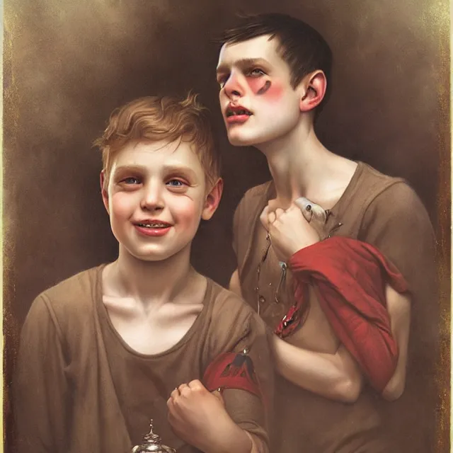 Image similar to a portrait of happy boys by tom bagshaw and manuel sanjulian