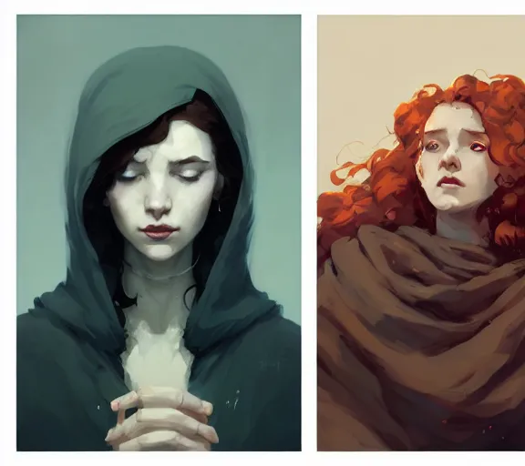 Image similar to portrait woman with long ginger curly hair, cloak with runes, by atey ghailan, by greg rutkowski, by greg tocchini, by james gilleard, by joe fenton, by kaethe butcher, by ashley wood, dynamic lighting, gradient light blue, brown, blonde cream and white color scheme, grunge aesthetic