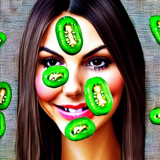 Image similar to one face shot of victoria justice made out of jalapenos by 5 randomly selected famous illustrators. vastly enriched image quality. lucidly vivid. iridescentally detailed. extremely elegant and beautiful.