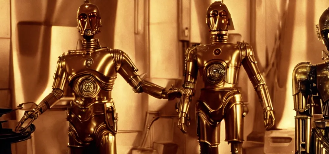 Prompt: a still of Scarlett Johansson next to C3PO in return of the jedi (1983)