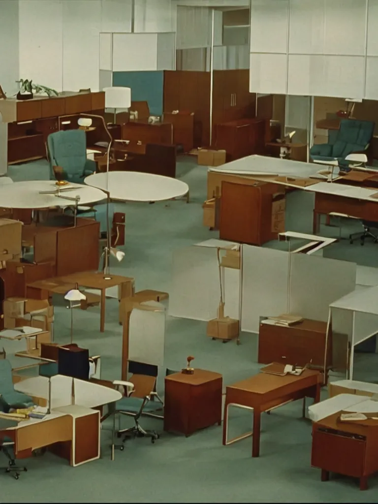 Prompt: a still of severance series indoor 7 0 s furniture office scenario appearing in a film of jacques tati