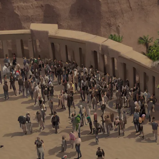 Prompt: large millennial crowd in front of a | prison! locked down government security military gate | in the hot desert trending on artstation digital paint 4 k render