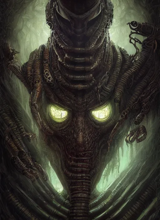 Prompt: cyberpunk hp lovecraft monster mf doom reptile eyes, dark metallic skin, highly detailed, centered, digital painting, artstation, concept art, smooth, sharp focus, illustration, artgerm, tomasz alen kopera, peter mohrbacher, donato giancola, joseph christian leyendecker, wlop, frank frazetta