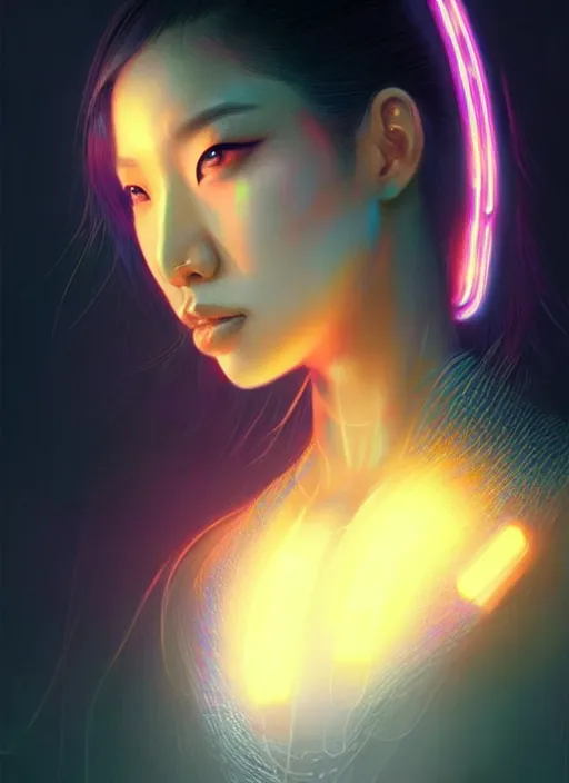 Image similar to portrait of asian female humanoid, intricate, elegant, cyber neon lights, highly detailed, digital illustration, trending in artstation, trending in pinterest, glamor pose, concept art, smooth, sharp focus, art by artgerm and greg rutkowski