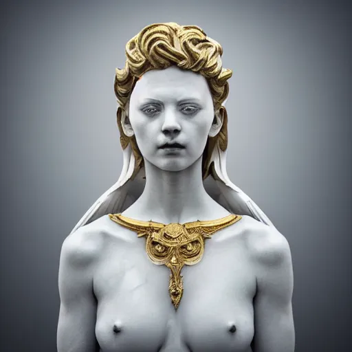 Image similar to a statue made of white marble with gold veins, of an beautiful gorgeous angel girl, full body shot, perfect symmetrical body, perfect symmetrical face, no eyes, hyper realistic, hyper detailed, fujicolor superia 1 6 0 0 photo, by johannen voss, by peter kemp, by monia merlo, by michelangelo octane render, blender, 8 k