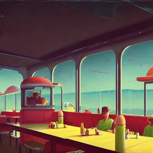 Image similar to inside diner at the beach by simon stalenhag