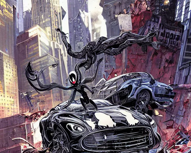 Prompt: Venom standing on top of a wrecked car in the city, open arms art by Clayton Crain and Gerardo Sandoval