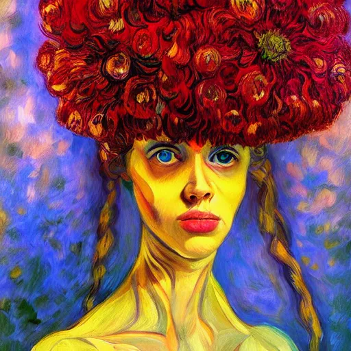 Image similar to giant flower head, woman in a luxury apartment, surreal photography, dramatic light, impressionist painting, digital painting, artstation, van gogh