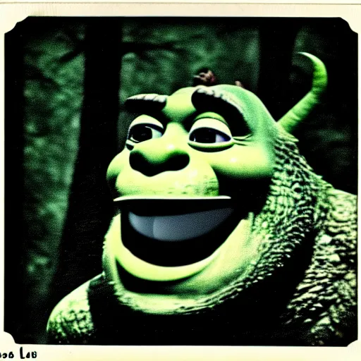 Image similar to 1 9 6 0's old polaroid of monster shrek staring from the depths of the dark gloomy forest, photorealistic, grainy, found footage, old film, low quality, horror, creepy, unsettling, liminal, strangely terrifying