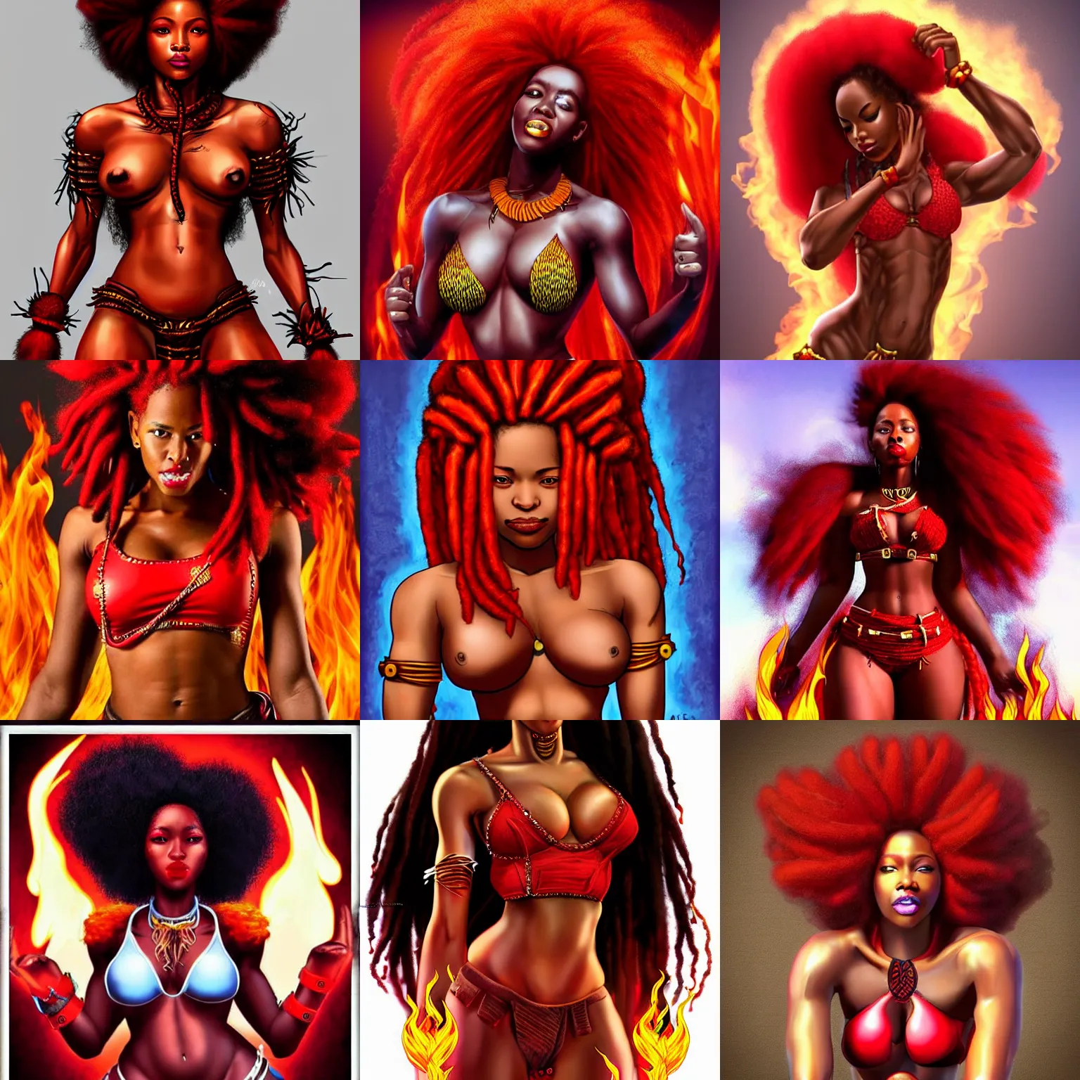 Prompt: african queen, red afro dreadlocks on fire, electrified body, beautiful face, beautiful body, beautiful midriff, red demon armor, inspired by artgerm