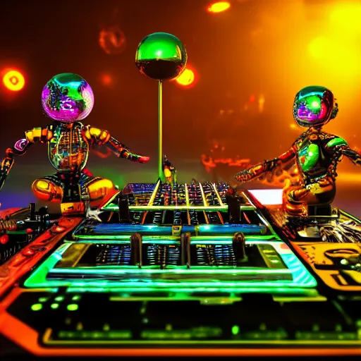 Image similar to album art, the band name is robo rock, trance music band with 3 steampunk robots on a dj desk with a cd mixer, 8 k, flourescent colors, halluzinogenic, multicolored, exaggerated detailed, front shot, 3 d render, octane