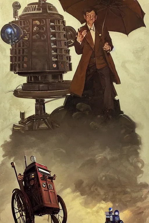 Prompt: Second Doctor, Dalek, TARDIS, by Stanley Artgerm Lau, greg rutkowski, thomas kindkade, alphonse mucha, loish, norman Rockwell