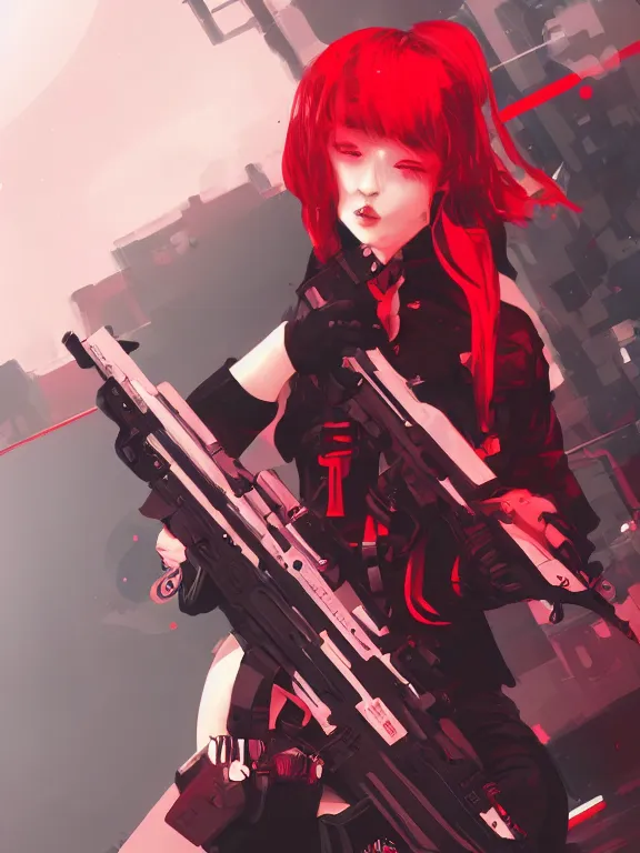 Prompt: a female character with a gun and a red background, cyberpunk art by muqi, featured on pixiv, rayonism, sci - fi, pixiv, official art