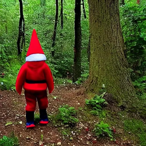 Image similar to bad quality screenshot of a leaked video of a small person dressed as gnome looking at me at a forest trail, photo taken from far away, night time, bright camera flash, camera shaking, disturbing, very scary, realistic, very disturbing, ultrarealistic, 480p, scary