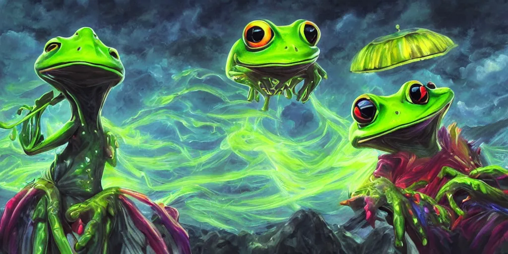 Prompt: [ style ] [ oil painting ] [ palate ] [ vibrant gothic colors ] 👾 👽 anthropomorphic warrior frog 🐸, vibrant neon nebulous clouds, radiant light rays, photorealistic painting, intricate and fine details, volumetric lighting, artstation,