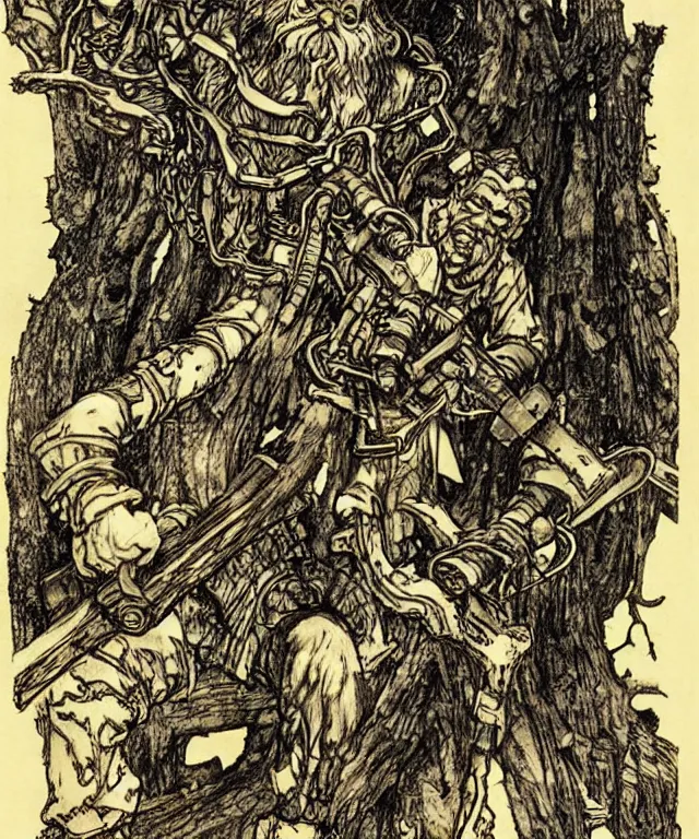 Image similar to Large chainsawheaded man-semichainsaw with chainsaws instead of hands dressed in chainsaws. Extremely high detailed, fine details, realistic, solo, masterpiece, art by Tatsuki Fujimoto, Arthur Rackham