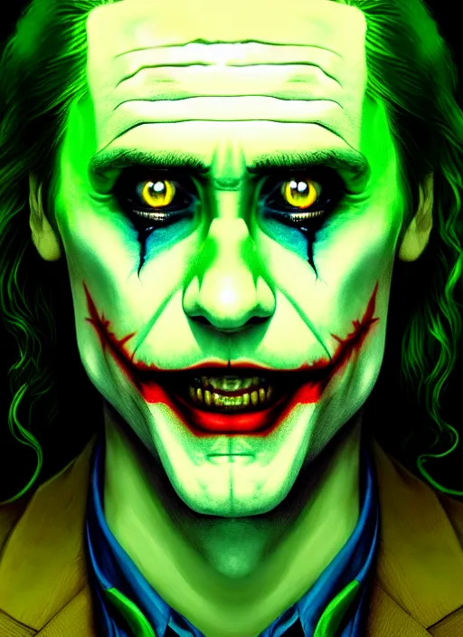 Image similar to portrait of jared leto as the joker, green hair, intricate, elegant, glowing lights, highly detailed, digital painting, artstation, concept art, sharp focus, illustration, art by wlop, mars ravelo and greg rutkowski