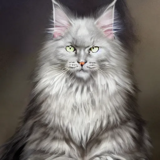 Image similar to a big old menacing dark grey maine coon cat with white belly, white paws and white face markings with long fur and fluffy tail, sitting, intricate, elegant, highly detailed, digital painting, artstation, concept art, matte, sharp focus, illustration, art by Artgerm and Greg Rutkowski and Alphonse Mucha