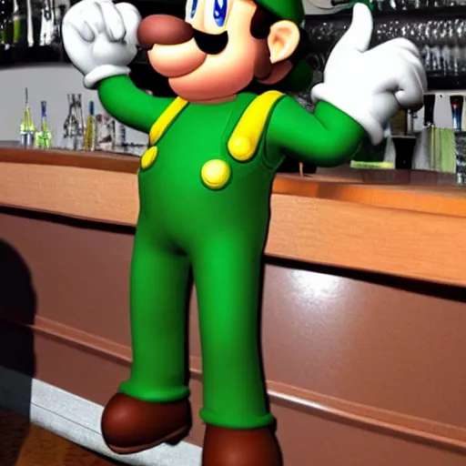 Prompt: luigi from super mario hanging at the bar and getting drunk with the boys