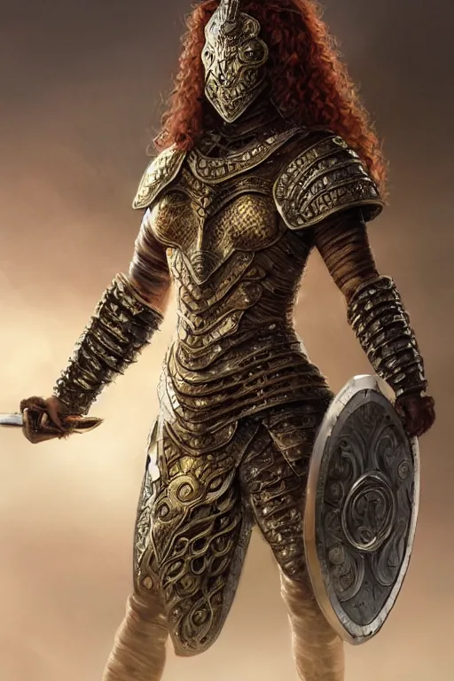 Prompt: full body portrait of a rugged female warrior short length red curly hair and a very highly detailed face wearing elegant obsidian, sliver and gold plate mail armor intricately painted, holding a circular shield and an ancient long sword, very highly detailed, artstation, cgsociety, realistic character concept art, sharp focus, by greg rutkowski, artgerm, and alphonse mucha