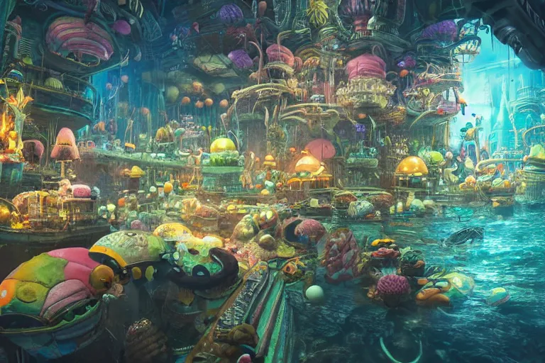 Prompt: the most amazing dream you ever had about undersea bikini bottom city, hyper realistic, ambient lighting, concept art, intricate, hyper detailed, smooth, dynamic volumetric lighting, octane, cinematic