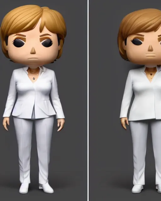 Image similar to full body 3d render of angela merkel as a funko pop, studio lighting, white background, blender, trending on artstation, 8k, highly detailed