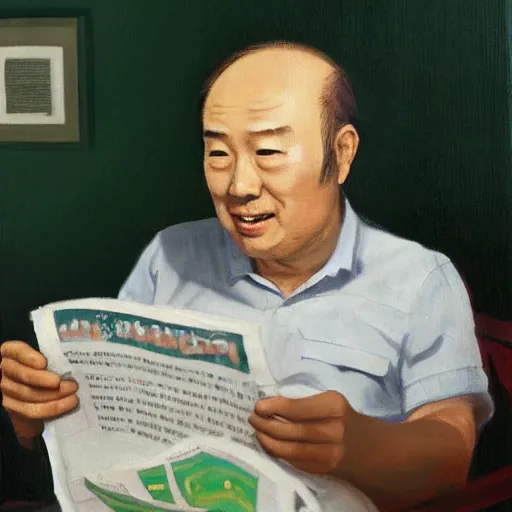 Image similar to japanese balding older man sitting in a chair in his room holding a newspaper and looking at the ceiling with green lighting, contrast, scary painting