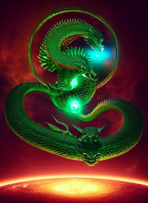 Image similar to portrait of the emerald dragon Ouroboros rotating around the core of the Universe + dim volumetric lighting, 8k octane beautifully detailed render, post-processing, extremely hyperdetailed, intricate, epic composition, grim yet sparkling atmosphere, cinematic lighting + masterpiece, trending on artstation