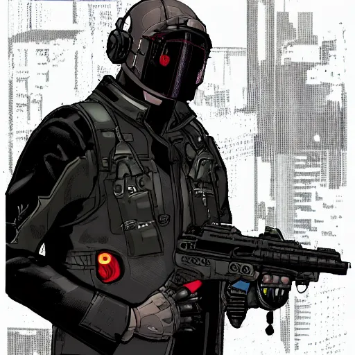 Prompt: male cyberpunk wearing a cyberpunk headset and tactical gear. In style of travis charest and laurie greasley, detailed