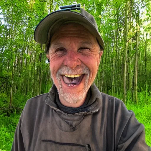Image similar to night time trail cam footage of a smiling old man